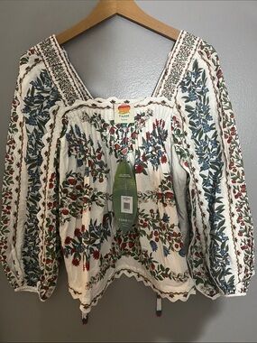 FARM Rio White Peasant Blouse with Blue, Red and Green Floral Embroidery